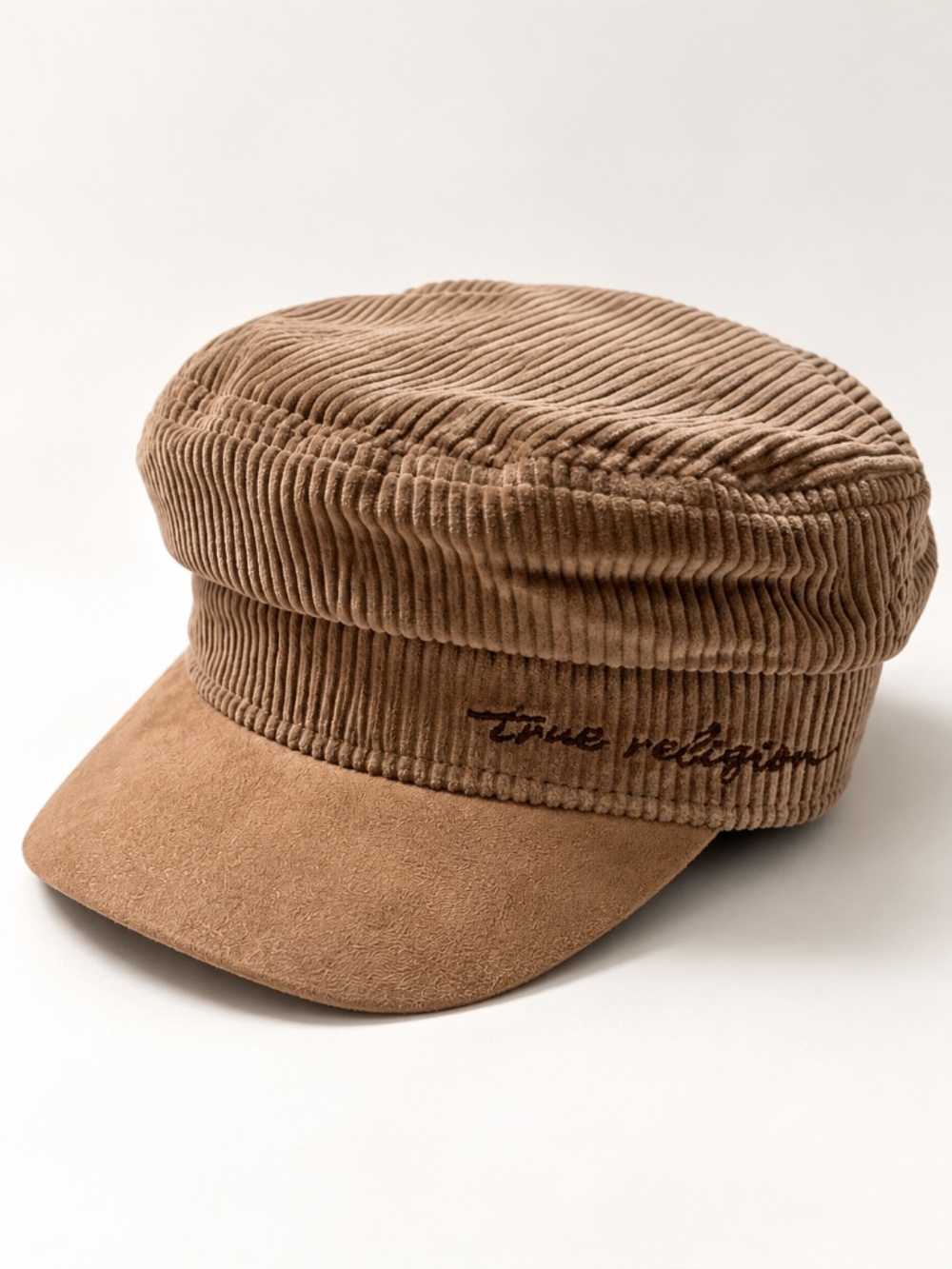 True Religion Corduroy Newsboy Cap Brown Tan Suede Brim Adjustable Hat NWT